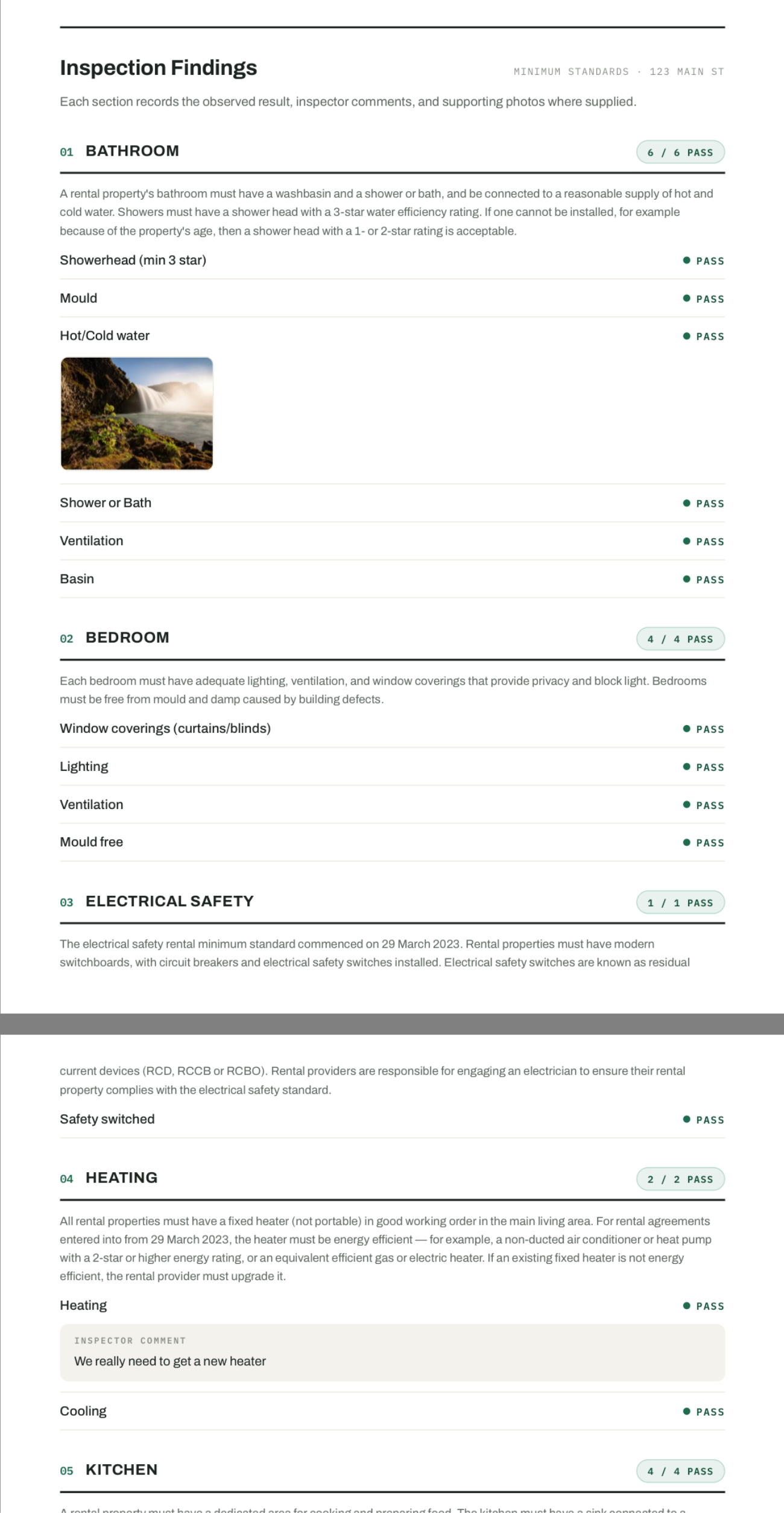 Example Minimum Standards Check report displayed on an iPhone, showing section-by-section pass results